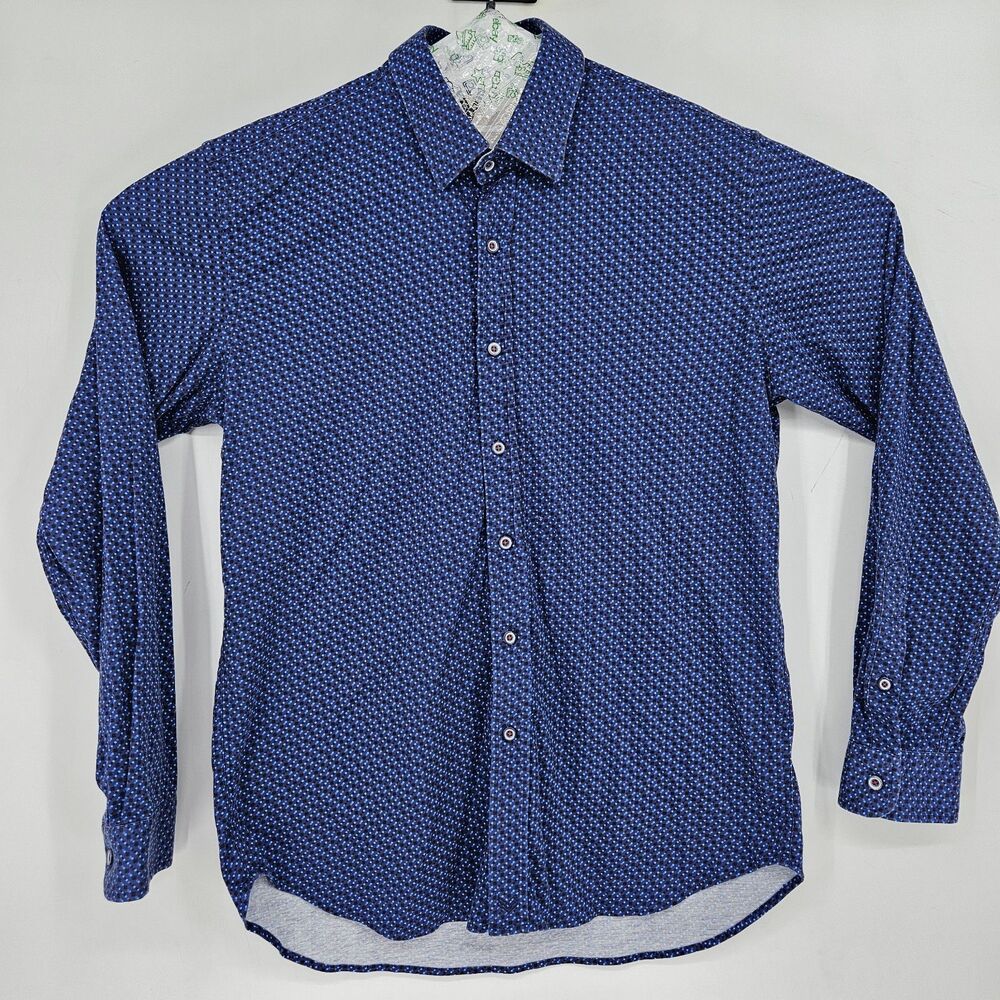 Butter Cloth Shirt Mens Large Blue Circles Preppy Button Up‎ Stretch FLAWS